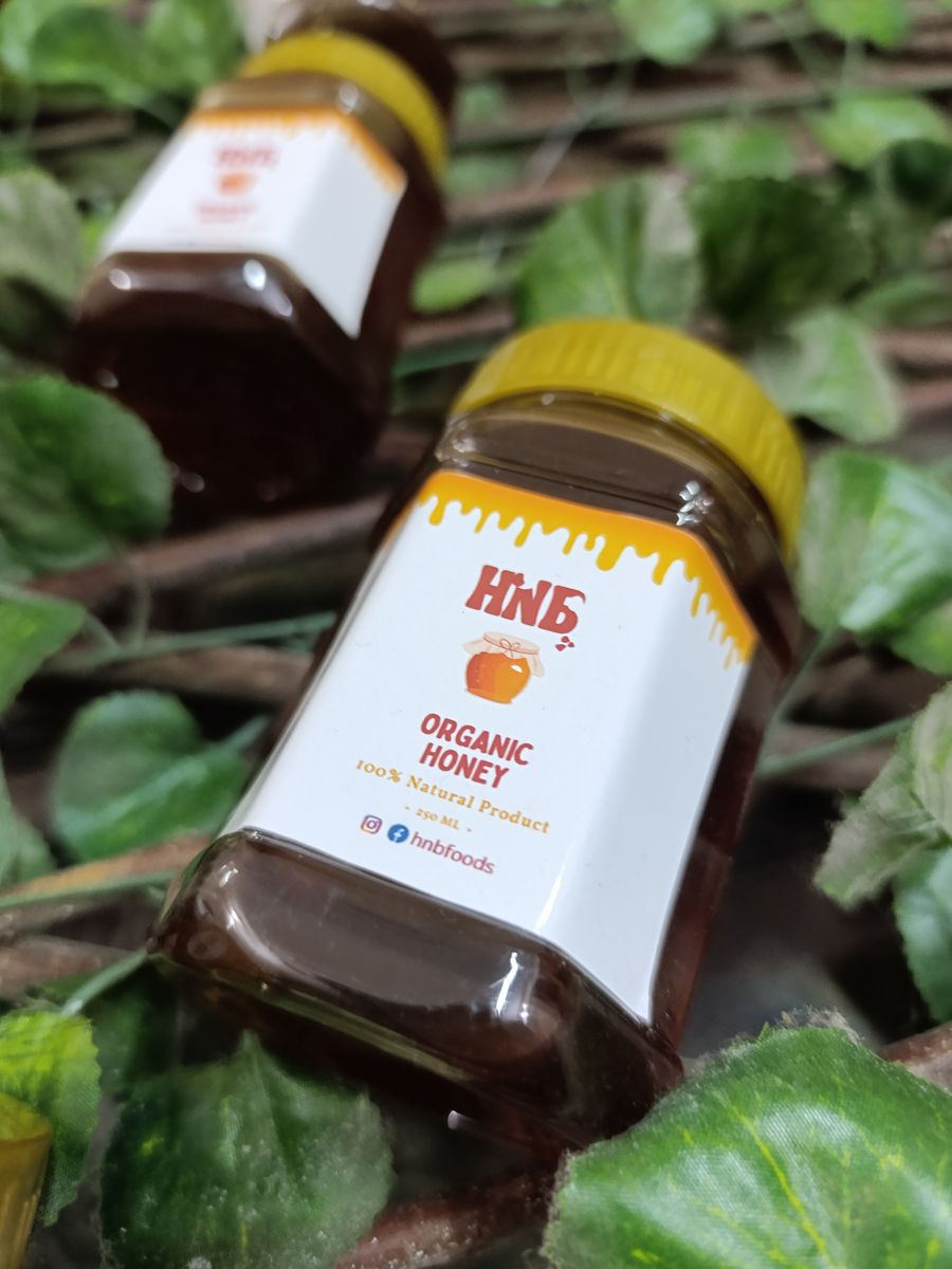 Two jars of HNB honey resting on green leaves