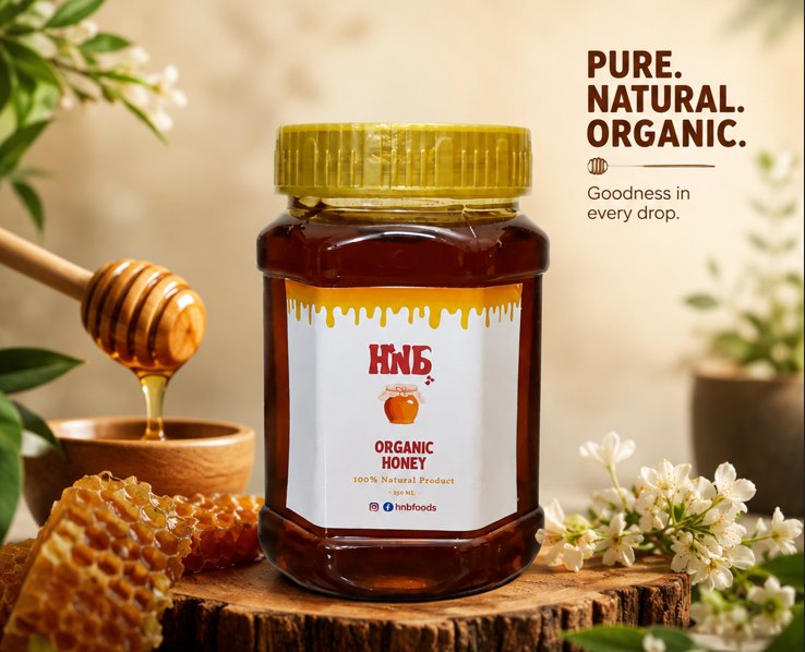 A jar of HNB Foods organic honey beside fresh honeycomb