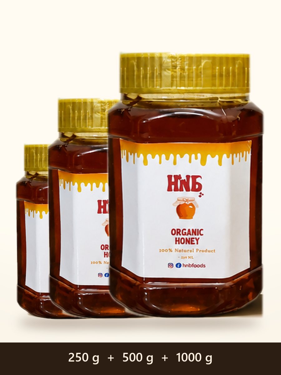 All three HNB Foods honey sizes together